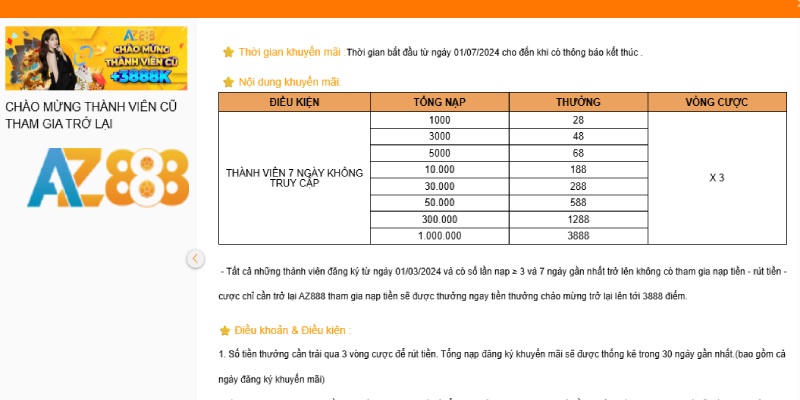 Chào mừng thành viên cũ, ưu đãi hấp dẫn cho hội viên AZ888